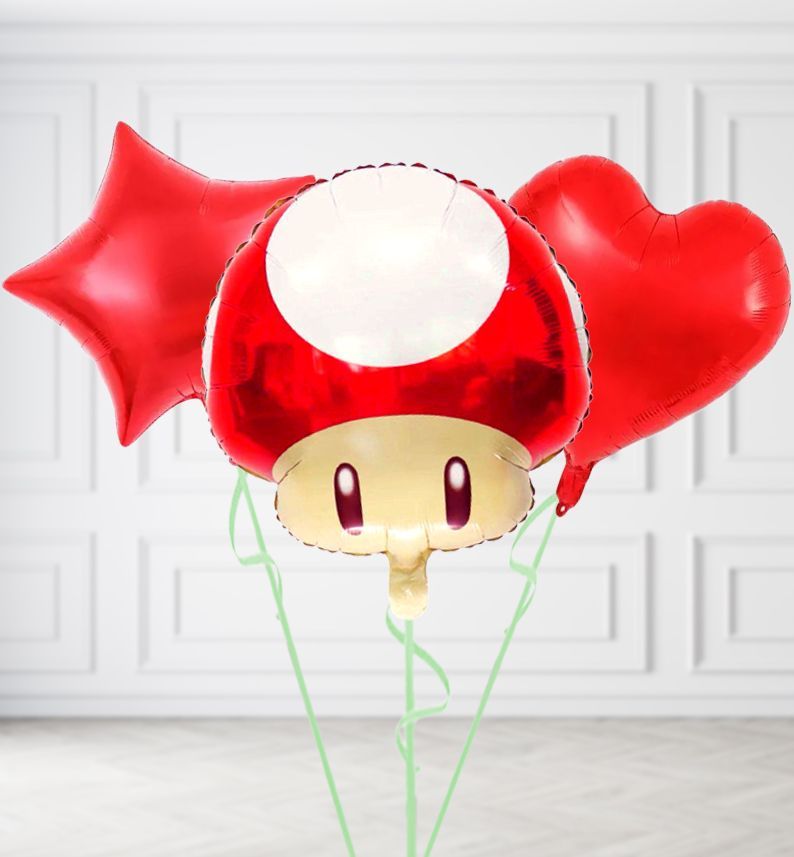 Super Mario Mushroom Balloons, Build a Helium Filled Bunch: Add 2 balloons, Supersize Bunch: No Extras, Colour Theme: Match with Centrepiece