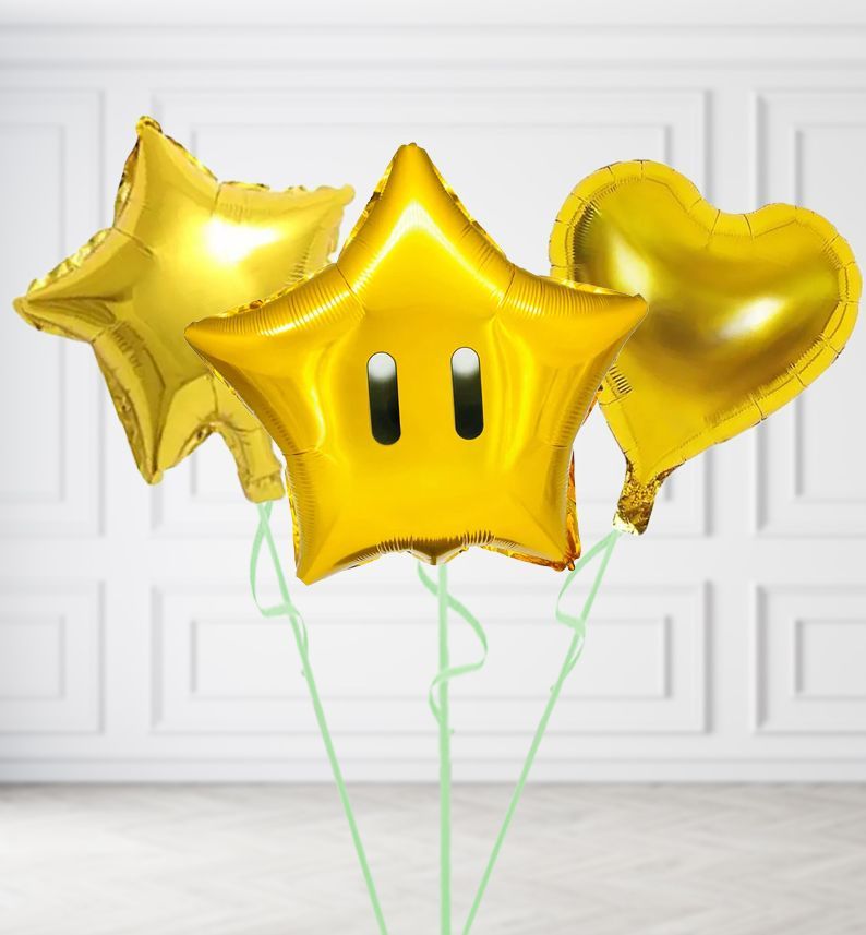 Super Mario Star Balloons, Build a Helium Filled Bunch: Add 2 balloons, Supersize Bunch: No Extras, Colour Theme: Match with Centrepiece