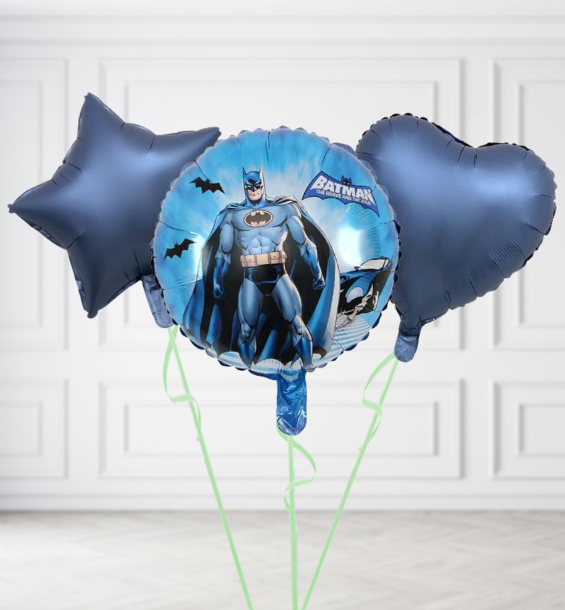 Batman Round Balloons, Build a Helium Filled Bunch: Add 2 balloons, Supersize Bunch: No Extras, Colour Theme: Match with Centrepiece