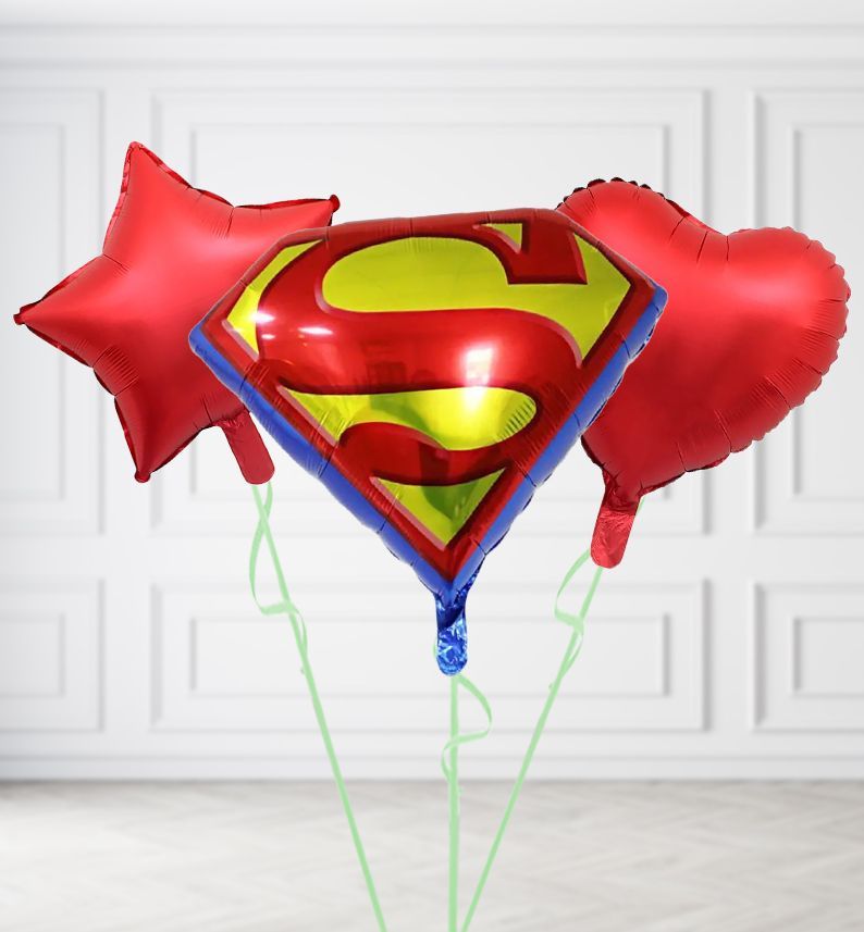 Superman Sign Balloons, Build a Helium Filled Bunch: Add 2 balloons, Supersize Bunch: No Extras, Colour Theme: Match with Centrepiece