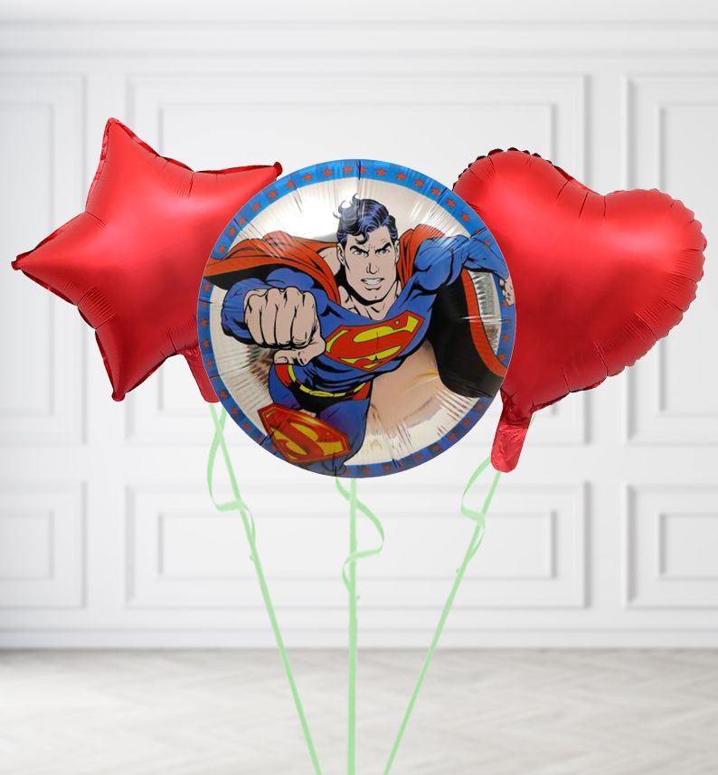 Superman Round Balloons, Build a Helium Filled Bunch: Add 2 balloons, Supersize Bunch: No Extras, Colour Theme: Match with Centrepiece