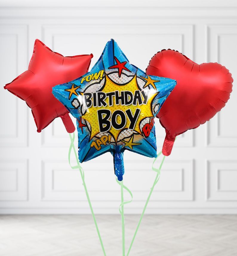 Birthday Boy Superhero Star Balloons, Build a Helium Filled Bunch: Add 2 balloons, Supersize Bunch: No Extras, Colour Theme: Match with Centrepiece