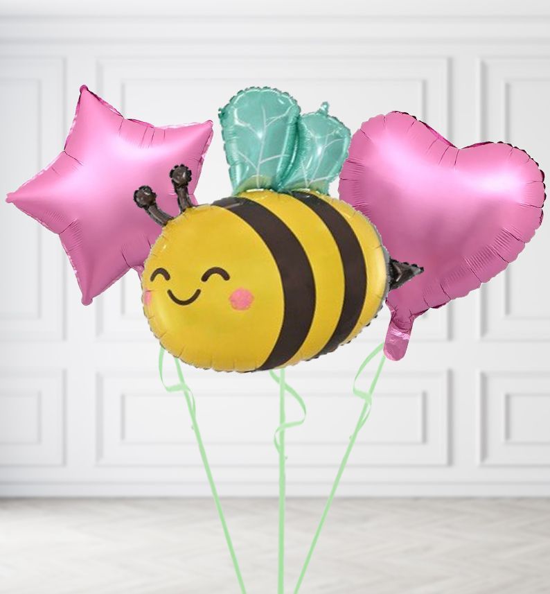 Happy Bee Balloons, Build a Helium Filled Bunch: Add 2 balloons, Supersize Bunch: No Extras, Colour Theme: Match with Centrepiece