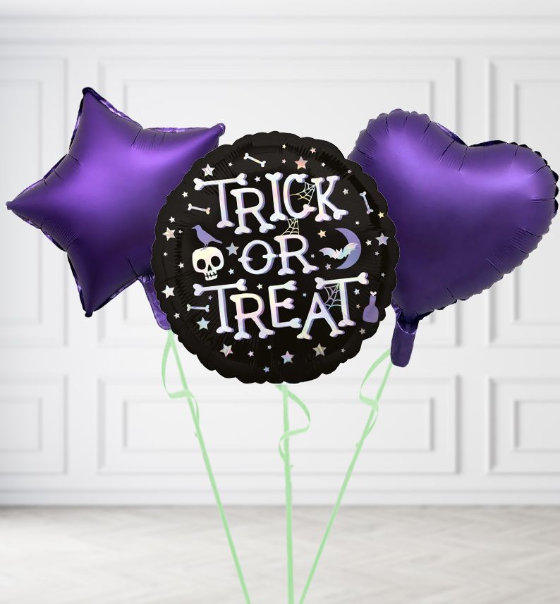 Trick or Treat Holographic Balloons, Build a Helium Filled Bunch: Add 2 balloons, Supersize Bunch: No Extras, Colour Theme: Match with Centrepiece