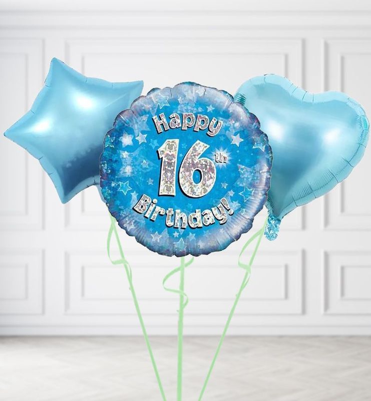 Happy 16th Birthday Blue Holographic Balloons
