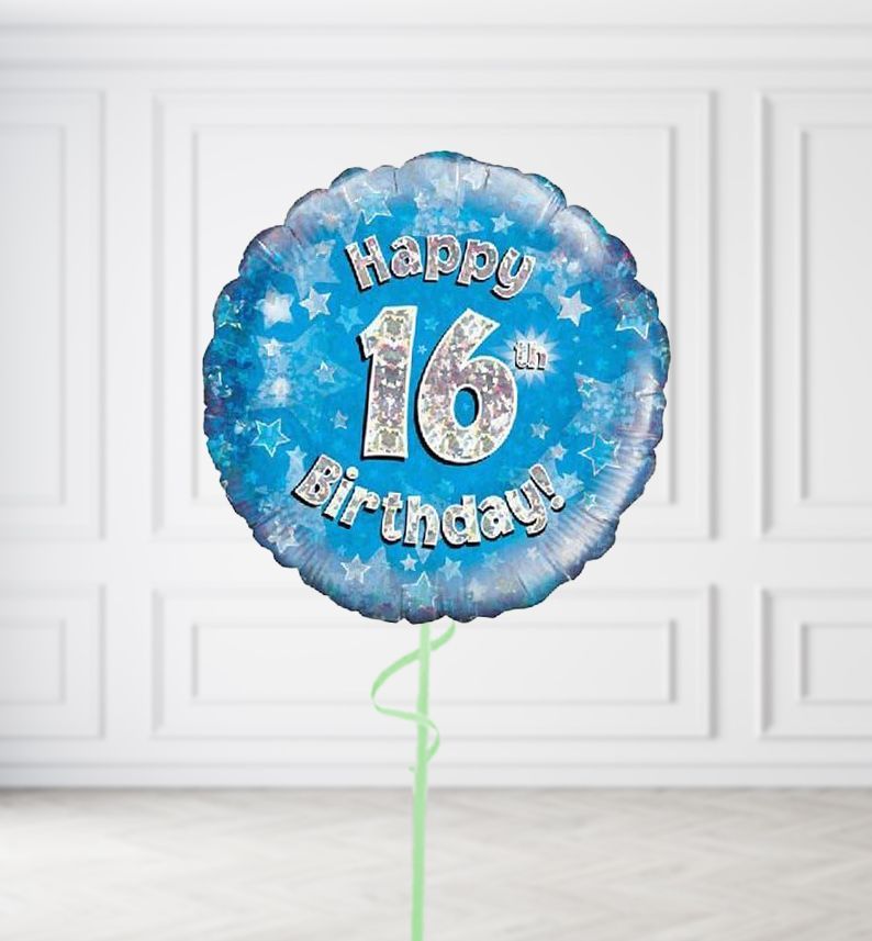 Happy 16th Birthday Blue Holographic Balloons, Build a Helium Filled Bunch: No Extras, Supersize Bunch: No Extras