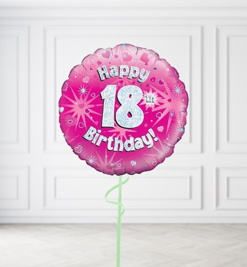 Happy 18th Birthday Pink Holographic Balloons, Build a Helium Filled Bunch: No Extras, Supersize Bunch: No Extras