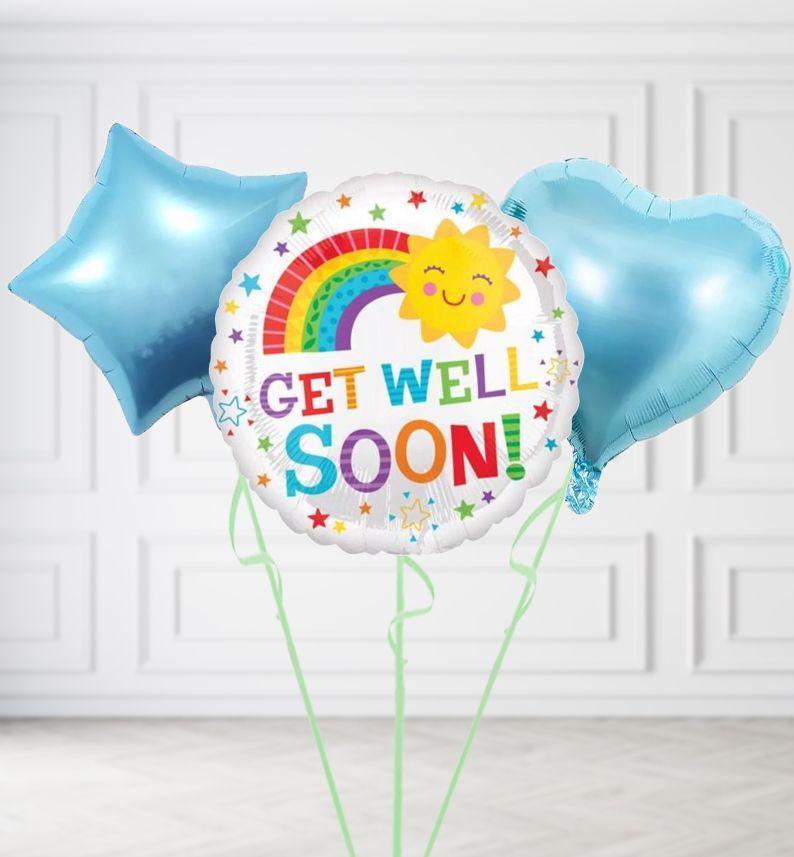 Get Well Soon Rainbow and Sunshine Balloons, Build a Helium Filled Bunch: Add 2 balloons, Supersize Bunch: No Extras, Colour Theme: Match with Centrepiece