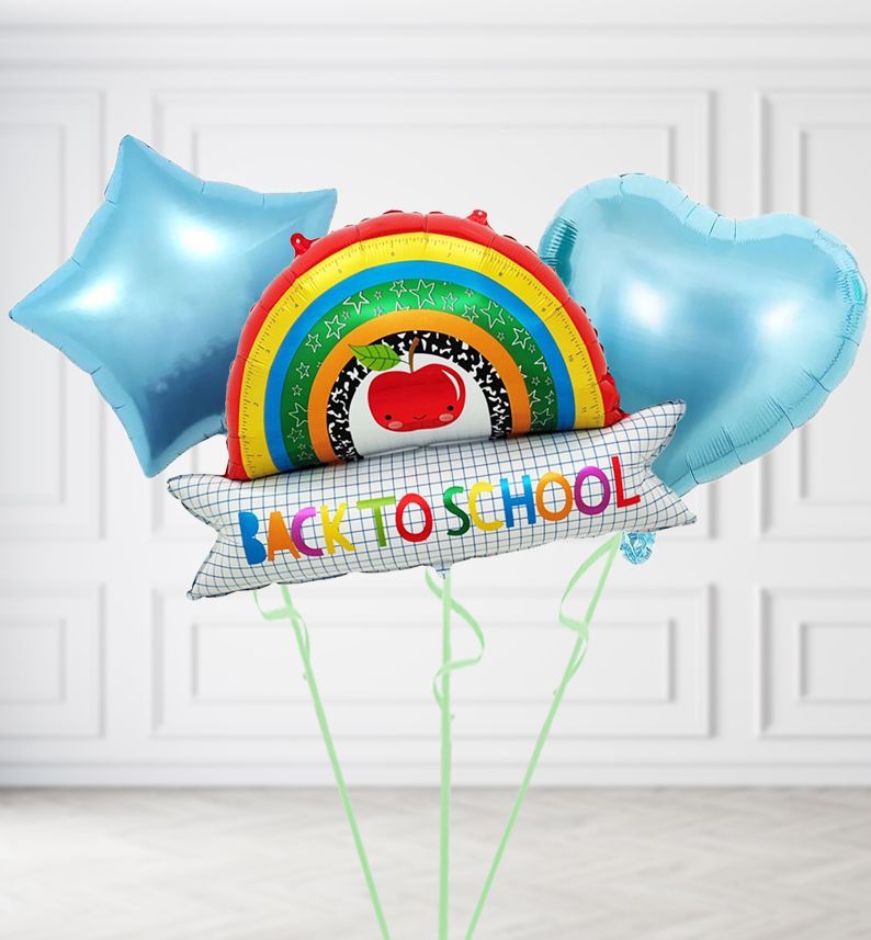 Back to School Rainbow Balloons, Build a Helium Filled Bunch: Add 2 balloons, Supersize Bunch: No Extras, Colour Theme: Match with Centrepiece
