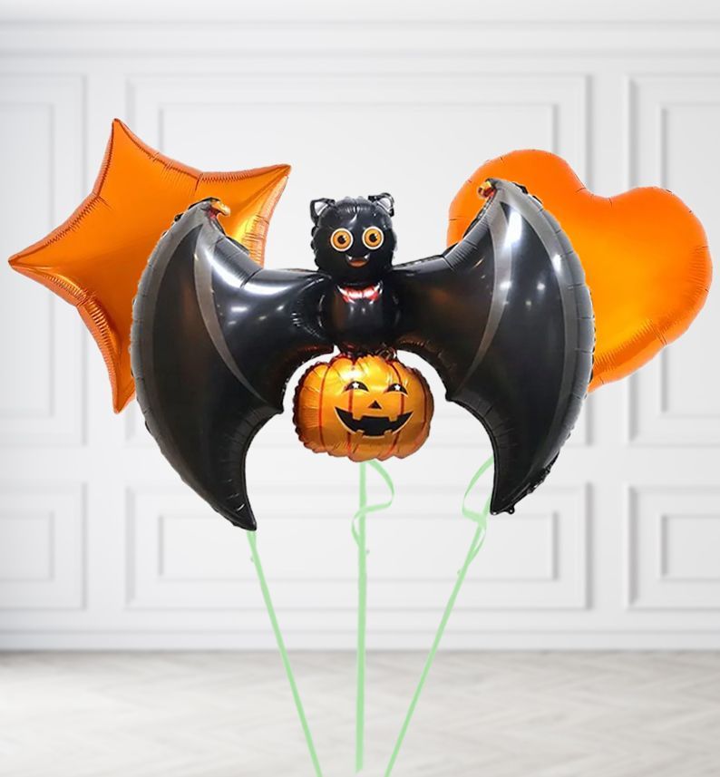 Flying Bat with Pumpkin Balloons, Build a Helium Filled Bunch: Add 2 balloons, Supersize Bunch: No Extras, Colour Theme: Match with Centrepiece