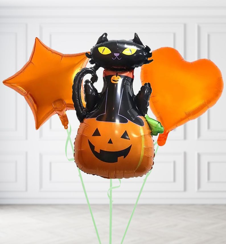 Black Cat and Pumpkin Balloons, Build a Helium Filled Bunch: Add 2 balloons, Supersize Bunch: No Extras, Colour Theme: Match with Centrepiece