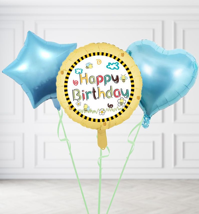 Happy Birthday Bee Balloons, Build a Helium Filled Bunch: Add 2 balloons, Supersize Bunch: No Extras, Colour Theme: Match with Centrepiece