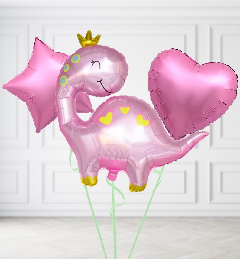 Pink Dinosaur Balloons, Build a Helium Filled Bunch: Add 2 balloons, Supersize Bunch: No Extras, Colour Theme: Match with Centrepiece