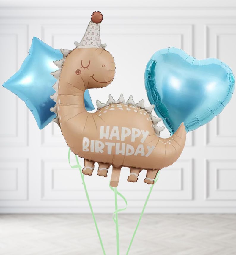 XL Beige Happy Birthday Dinosaur Balloons, Build a Helium Filled Bunch: Add 2 balloons, Supersize Bunch: No Extras, Colour Theme: Match with Centrepiece