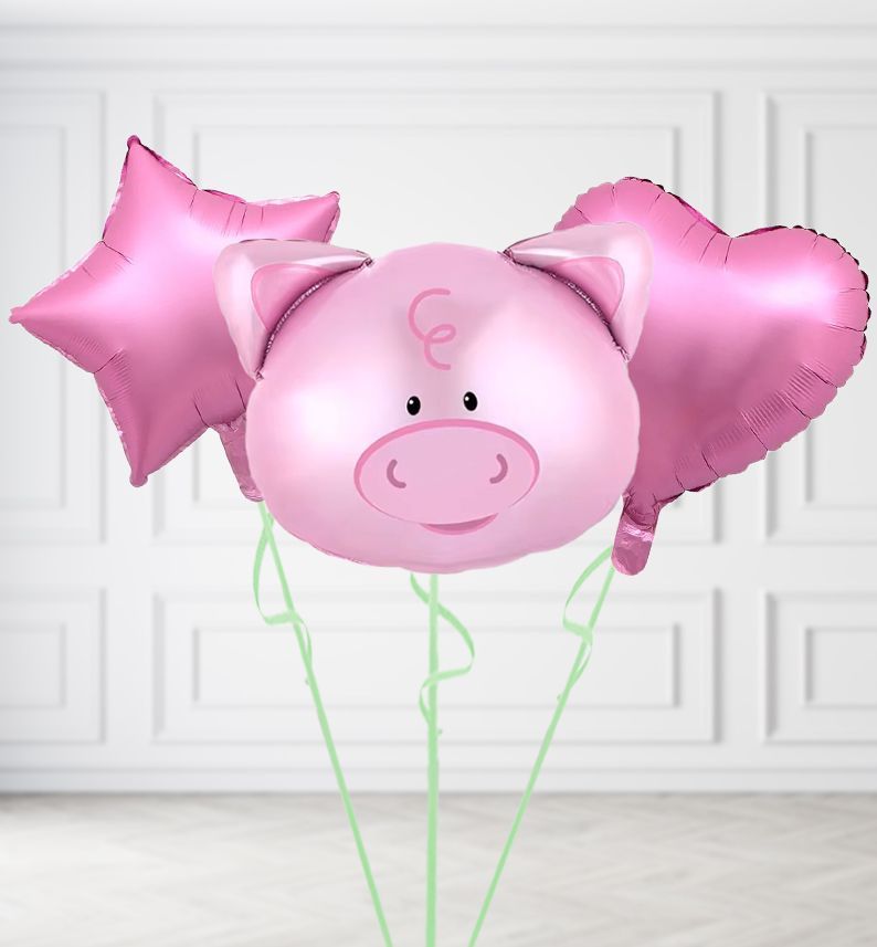 Pig Head Balloons, Build a Helium Filled Bunch: Add 2 balloons, Supersize Bunch: No Extras, Colour Theme: Match with Centrepiece