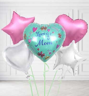 Love You Mom Teal Heart Balloons