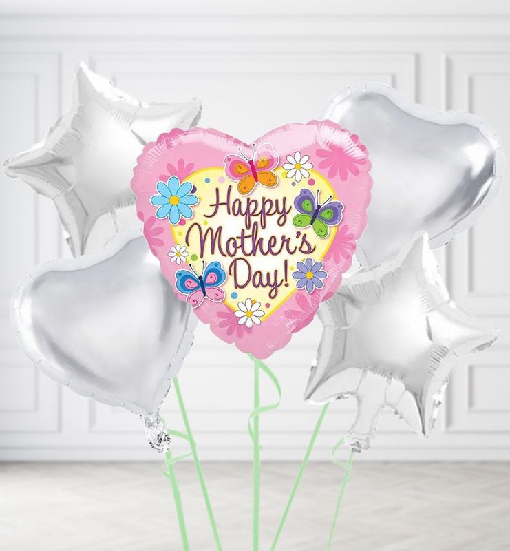 Happy Mothers Day Pink Butterflies Heart Balloons