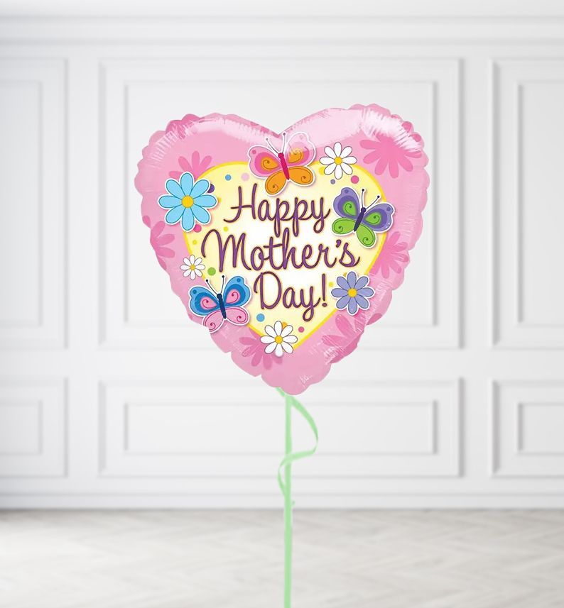 Happy Mothers Day Pink Butterflies Heart Balloons, Build a Helium Filled Bunch: No Extras, Build a Bouquet: No Extras