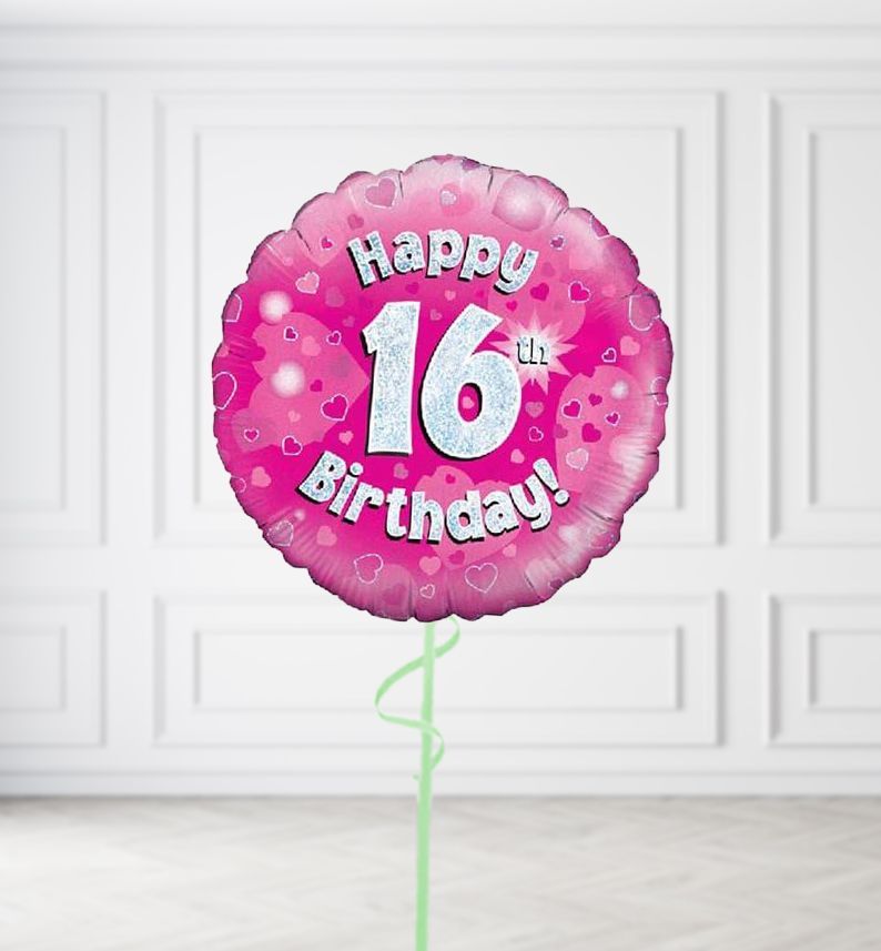 Happy 16th Birthday Pink Holographic Balloons, Build a Helium Filled Bunch: No Extras, Build a Bouquet: No Extras