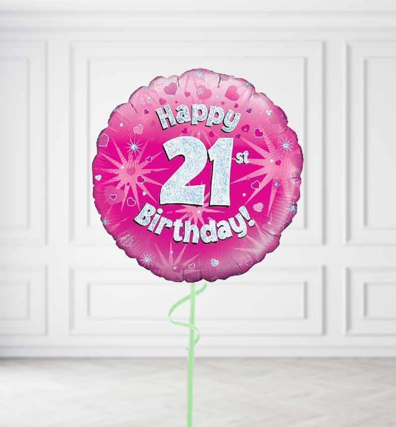 Happy 21st Birthday Pink Holographic Balloons, Build a Helium Filled Bunch: No Extras, Build a Bouquet: No Extras