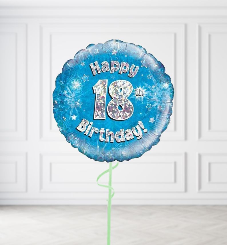 Happy 18th Birthday Blue Holographic Balloons, Build a Helium Filled Bunch: No Extras, Build a Bouquet: No Extras