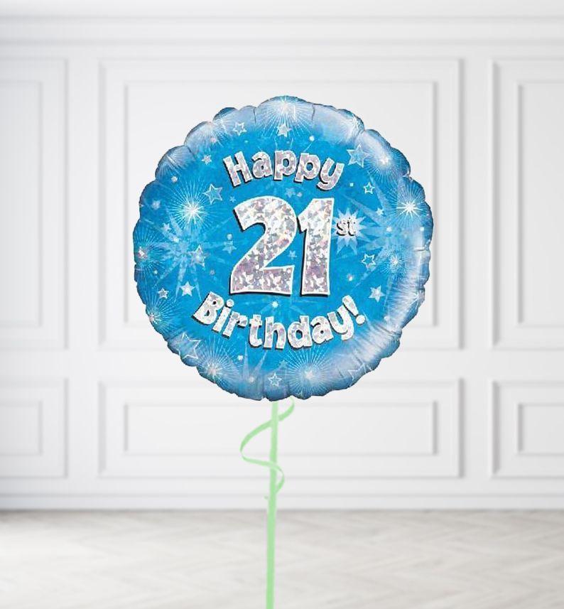 Happy 21st Birthday Blue Holographic Balloons, Build a Helium Filled Bunch: No Extras, Build a Bouquet: No Extras