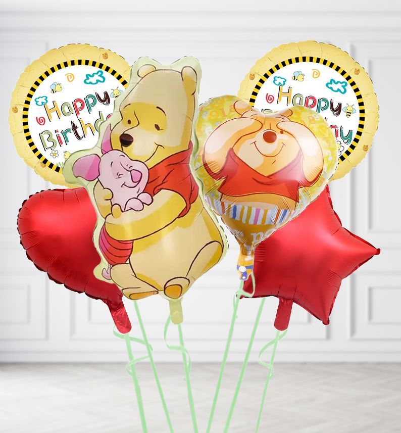 Happy Birthday Pooh and Piglet Collection Balloons, Build a Helium Filled Bunch: Happy Birthday Pooh Collection Bunch, Colour Theme: Red