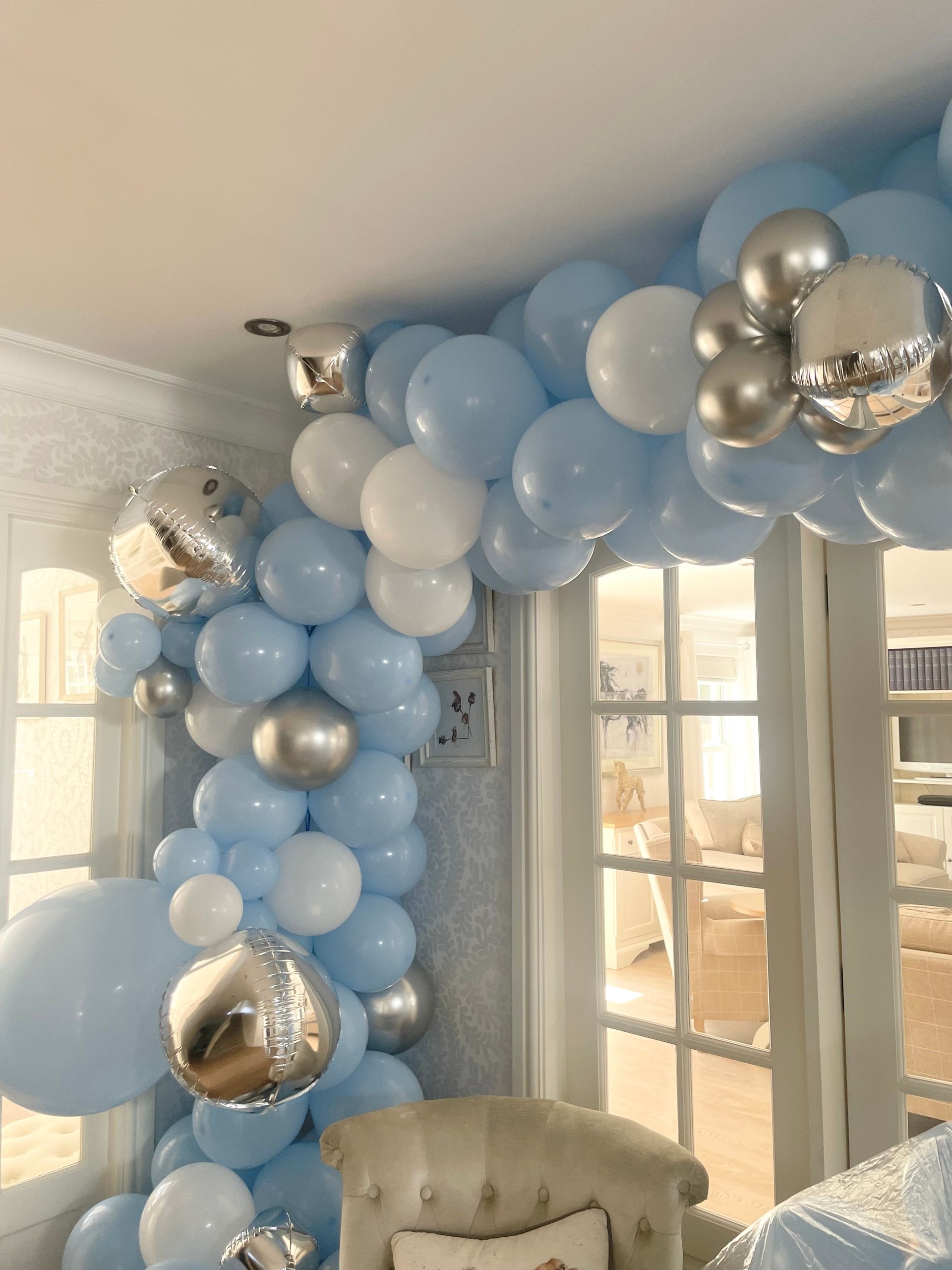 Baby Blue, Silver, White and Grey Balloon Arches