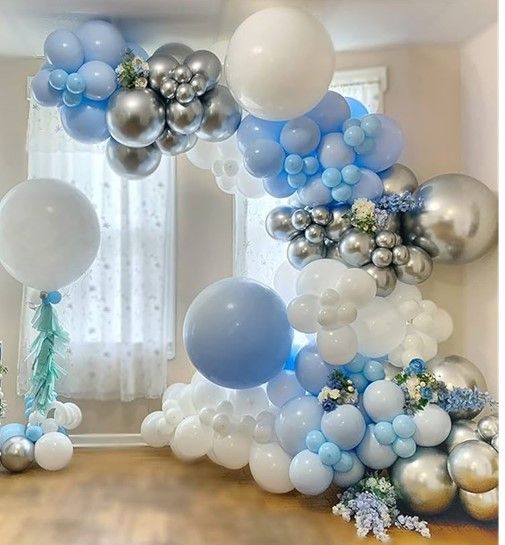 Baby Blue and White with Silver Balloon Arch