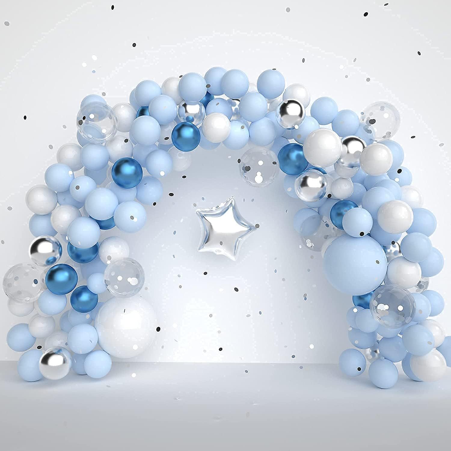Professionally Built Baby Blue, Silver, White and Grey Balloon Arches