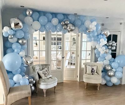 Baby Blue, Silver, White and Grey Balloon Arches