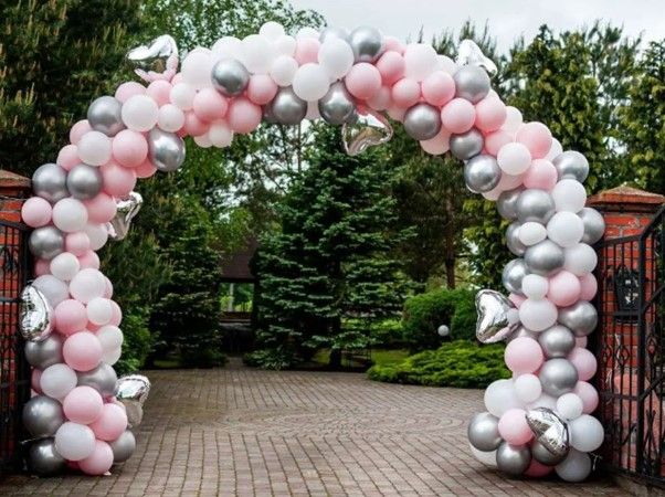 Baby Pink, Silver, White and Grey Balloon Arches