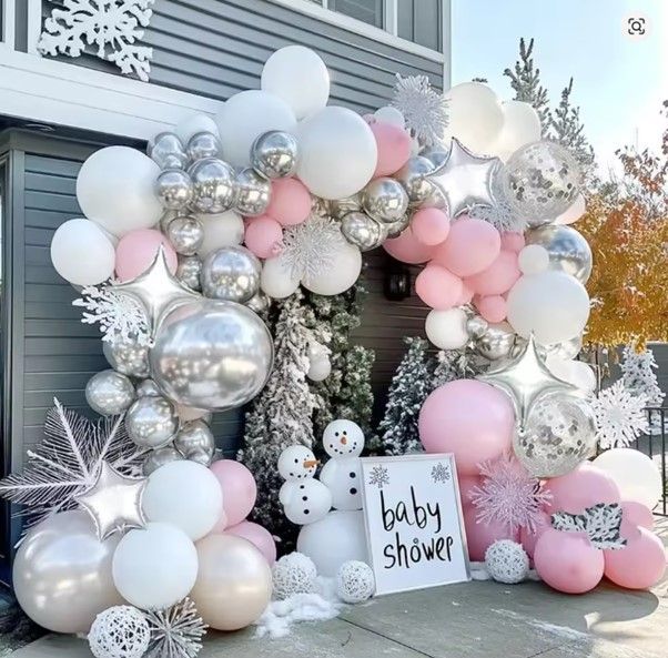 Baby Pink, Silver, White and Grey Balloon Arches