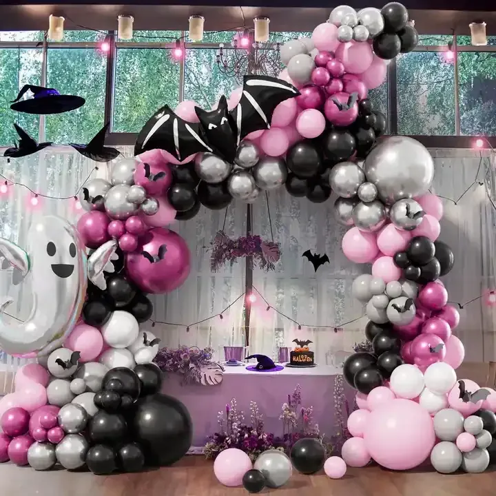 Pink and Black Halloween Balloon Arches