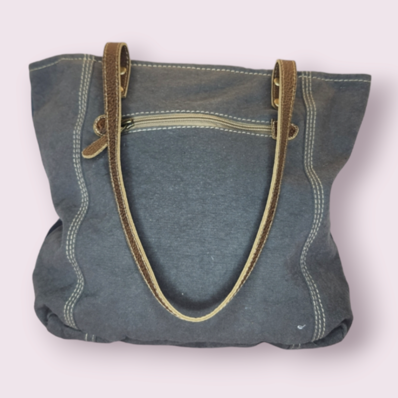 Myra Bag Abstract Key Upcycled Canvas &amp; Cowhide Tote Bag S-1456
