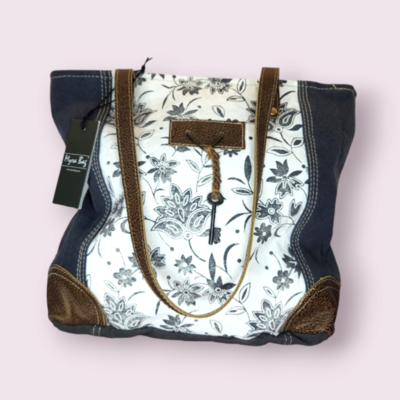 Myra Bag Abstract Key Upcycled Canvas &amp; Cowhide Tote Bag S-1456