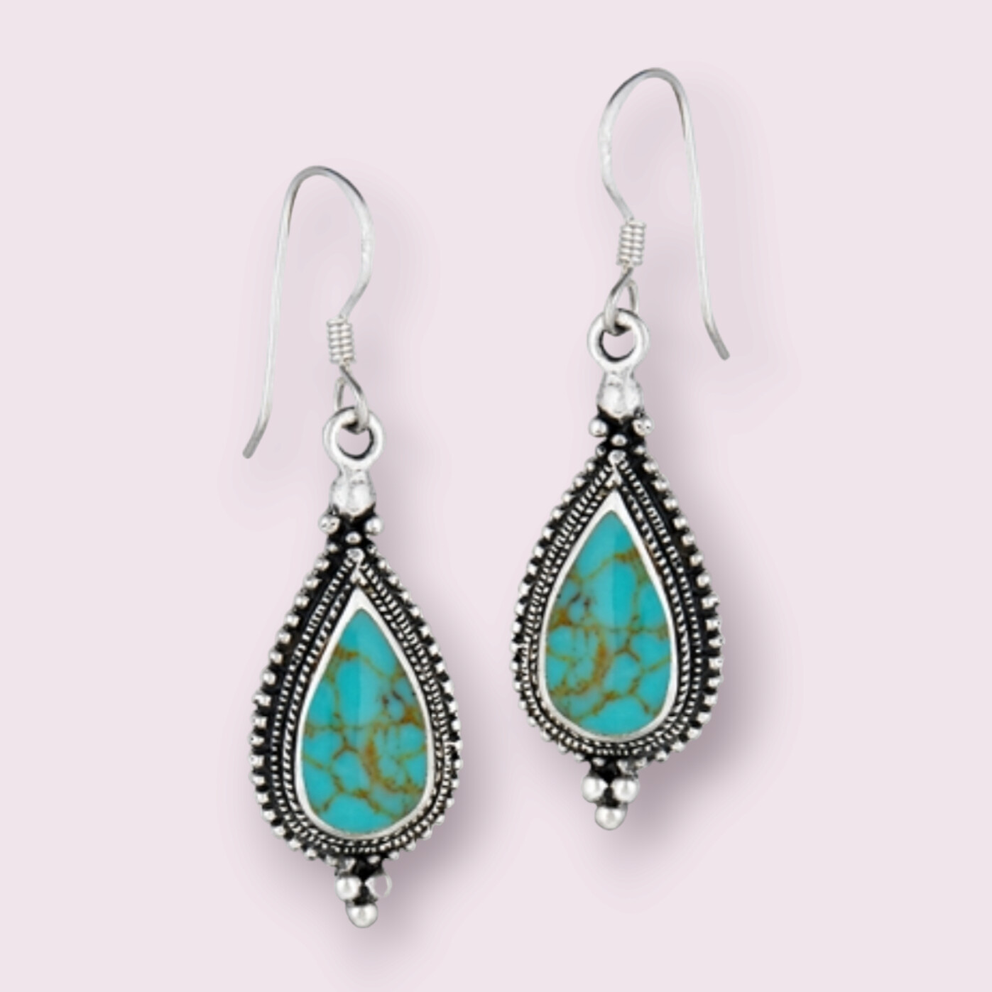 Classic Bali Style Granulated Dangle Earring with Synthetic Turquoise