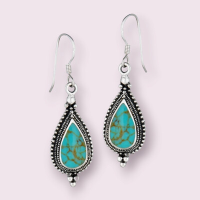 Classic Bali Style Granulated Dangle Earring with Synthetic Turquoise