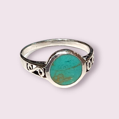 Round Synthetic Turquoise Ring with Side Swirls