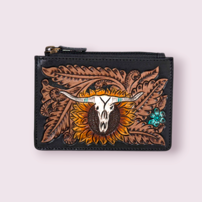 Longhorn Flower Mini Hand-Tooled Card Holder