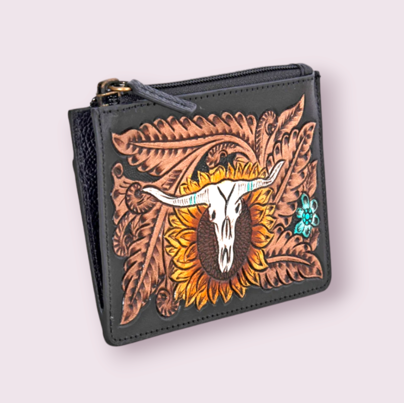 Longhorn Flower Mini Hand-Tooled Card Holder