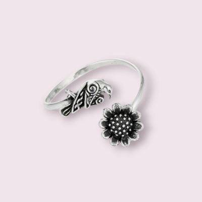 Raven and Sunflower Adjustable Sterling Silver Ring