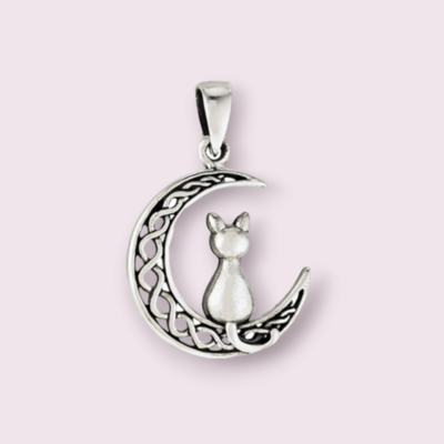 Interwoven Crescent Moon with Sitting Cat Sterling Silver Pendant