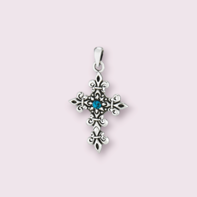 Ornate Sterling Silver Cross Pendant with Synthetic Turquoise