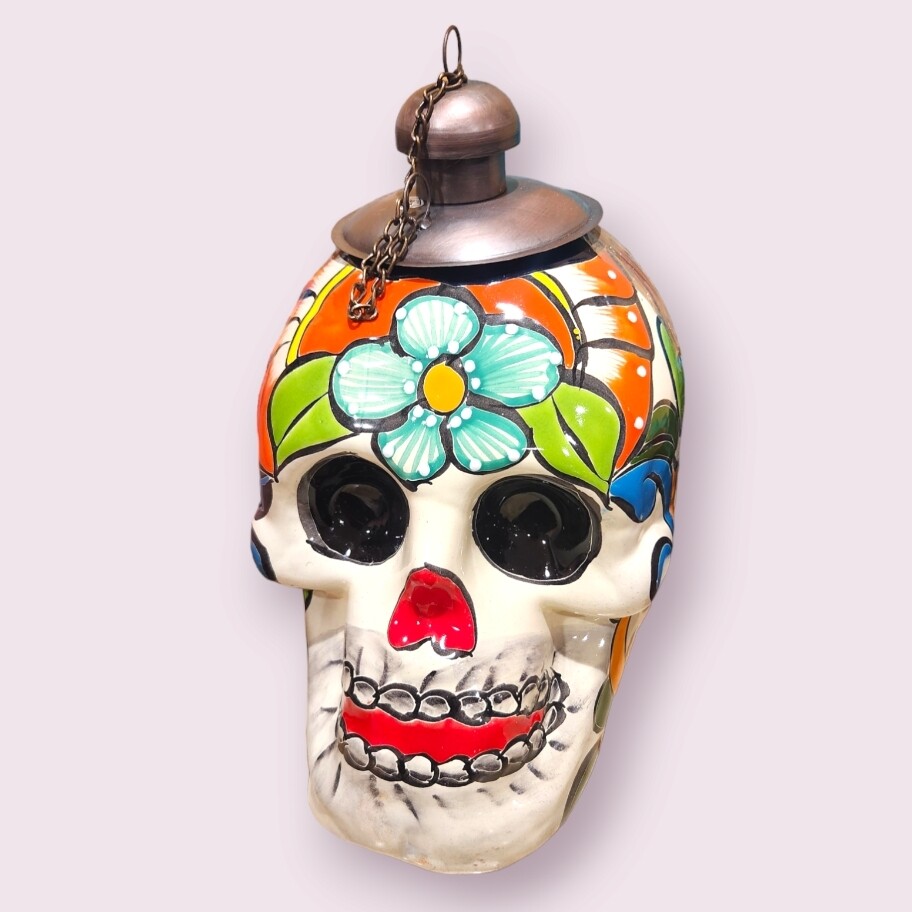 Talavera-Style Sugar Skull Oil Lamp