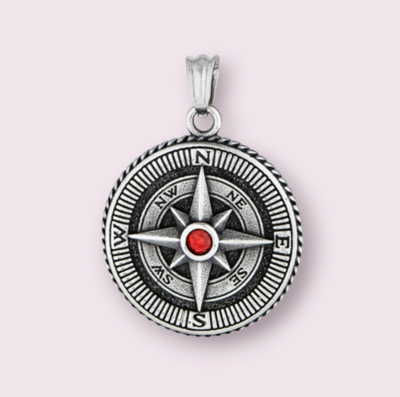Oxidized Compass Pendant with Braided Edge and Garnet CZ
