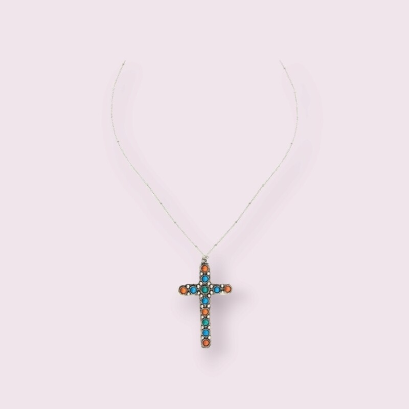 Beaded Stones Cross Necklace