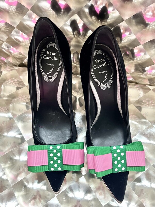 Star-Bling green polka dot ribbon shoe bows with pink