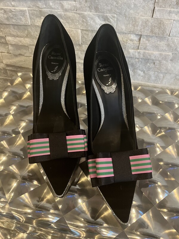 Star-Bling Shoe Bows in Black, Pink with Green stripes
