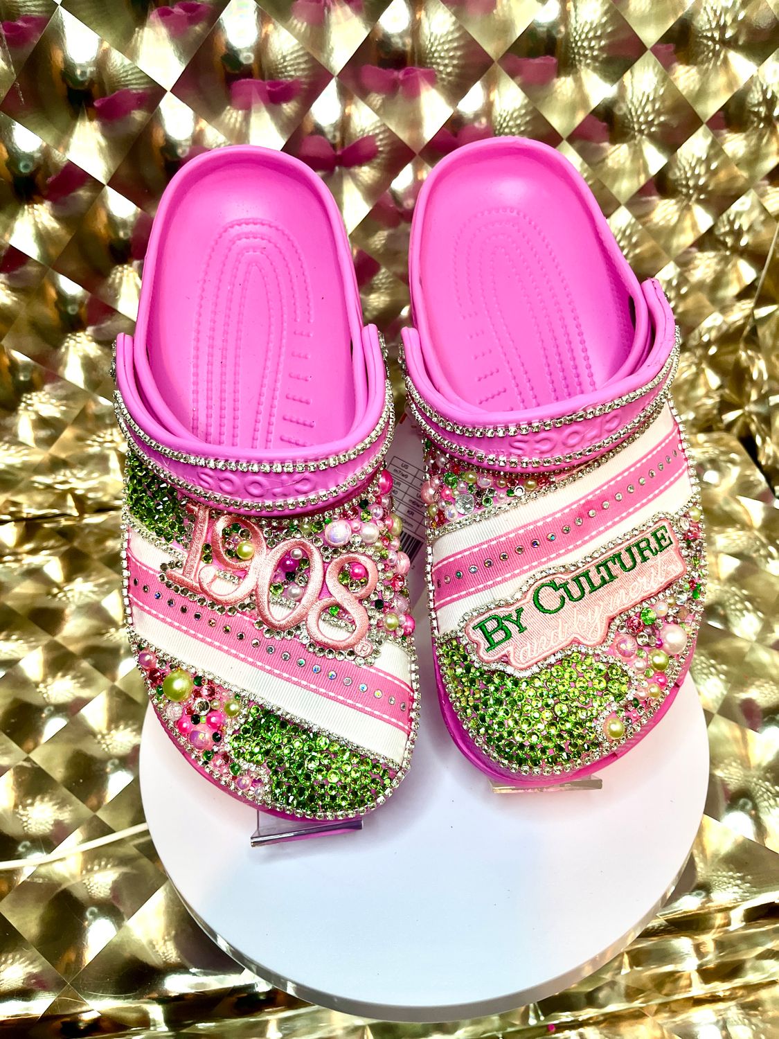 Bright pink “Apple Green Candy” Crocs